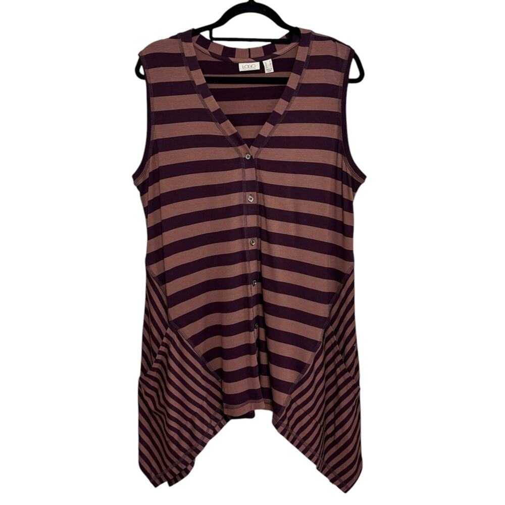 LOGO Lori Goldstein Long Line Striped Button Down Vest Top - Size M